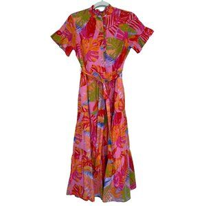 J. Marie Womens Shirt Dress Pink Tropical Cotton Maxi Belted Pockets Size XS